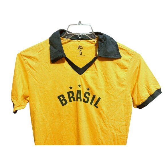 Brazil Lega Retro Star 10 Men's Polo Shirt Sz L Short Sleeve Cotton Yellow Green - Picture 2 of 7